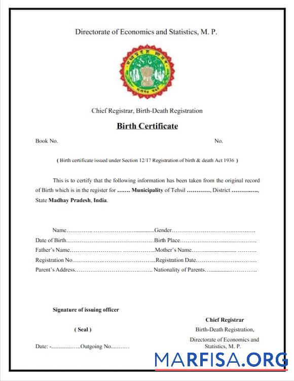 Downloadable India Birth Death registration birth certificate sample